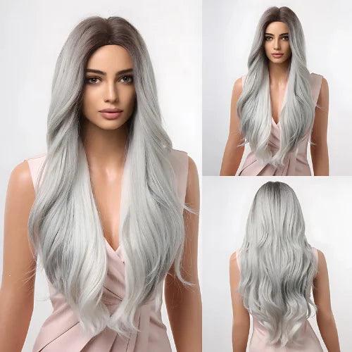 Peruca Lace Longa Ondulada Natural Grisalho