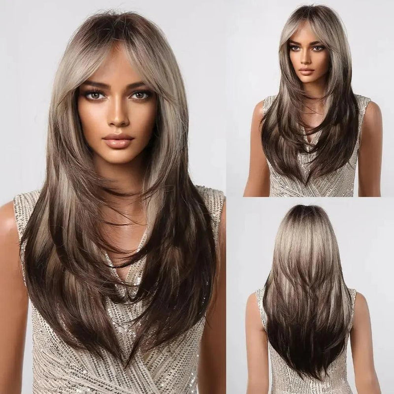 Peruca Lace Longa em Camadas com Franja Natural
