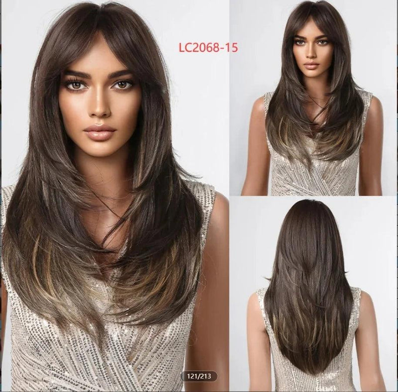 Peruca Lace Longa em Camadas com Franja Natural