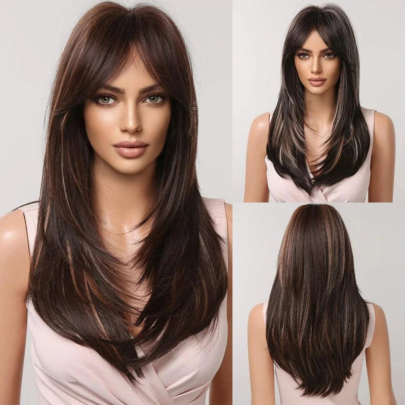Peruca Lace Longa em Camadas com Franja Natural