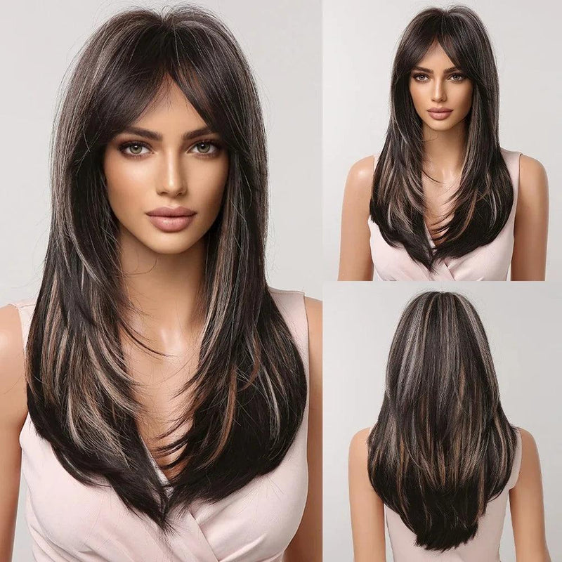 Peruca Lace Longa em Camadas com Franja Natural