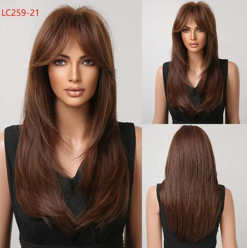 Peruca Lace Longa em Camadas com Franja Natural