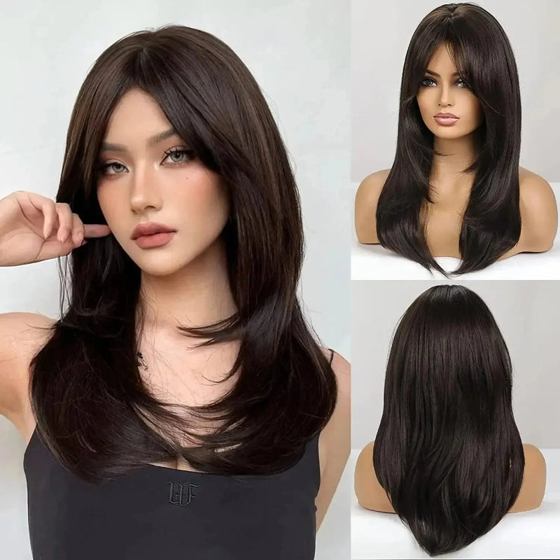 Peruca Lace Longa em Camadas com Franja Natural