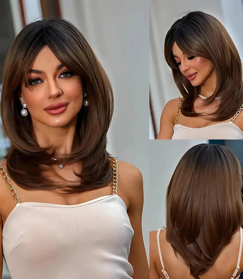Peruca Lace Feminina Média em Camadas com Franja Natural