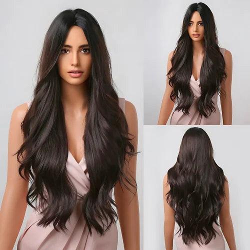 Peruca Feminina Lace Longa Ondulada Natural Castanho Escuro