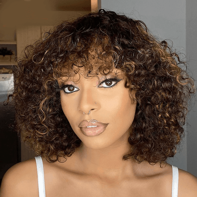Lace Front 100% Cabelo Humano Cacheado Curto com Franja