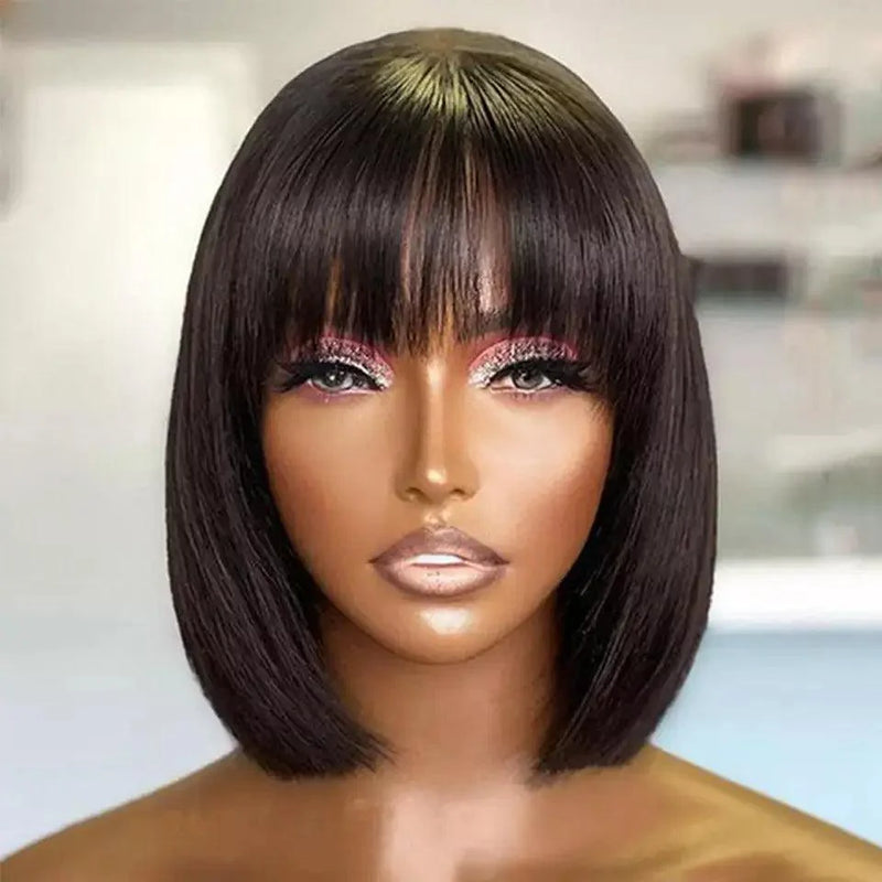 Lace Front 100% Cabelo Humano Curto Liso com Franja