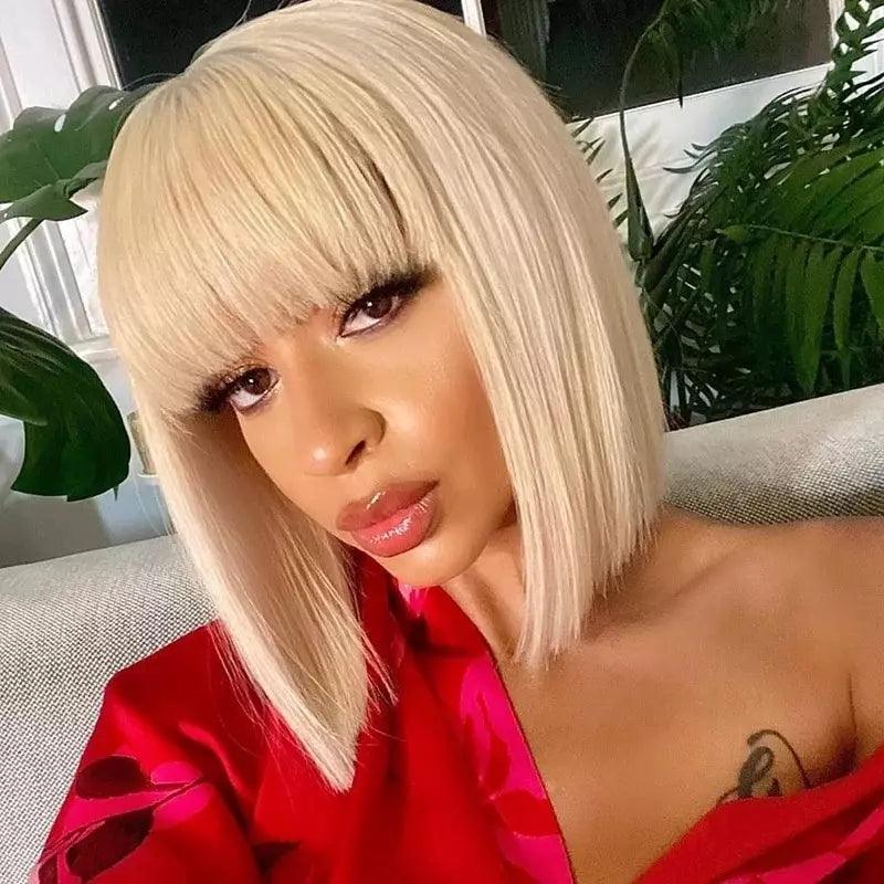 Lace Front 100% Cabelo Humano Curto Liso com Franja